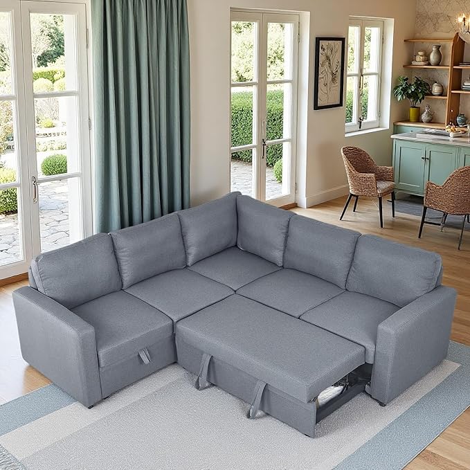 Sleeper Sofa Bed, Modular Sectional Couch with Pull Out Bed, L Shaped Sectional Convertible SofaBed with Storage Seat, for Living Room Apartment Bedroom Office Gray Linen