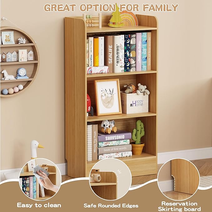 Lkeiyay Kids Bookshelf,Wooden Storage Shelf Organizer,4-Tier Montessori Kids Shelf,Wooden Storage Cabinet Shelves for Kids Room,Playroom(Natural)