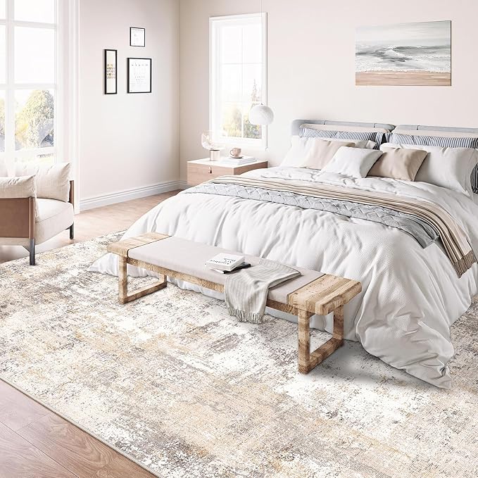 10x14 Washable Area Rug Beige Grey Neutral Abstract Living Room Bedroom Large Throw Rug Non Slip Soft Low Pile Indoor Floor Carpet for Dining Room Kitchen Office Entryway