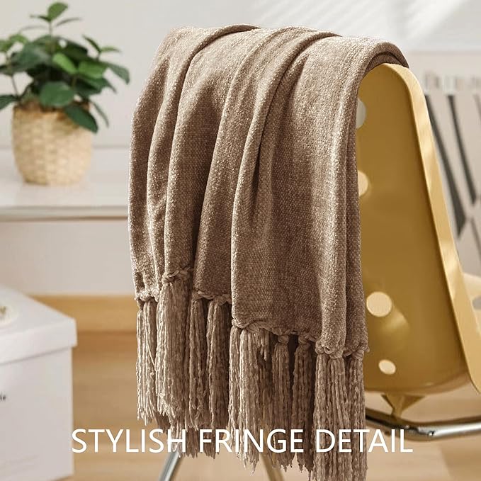 Chenille Throw Blanket for Couch 50"X 60", Soft Cozy Throws with Fringe Tassel for Bed Sofa Chair Cover, Lightweight Knitted Decorative Boho Blankets for Living Room, Taupe
