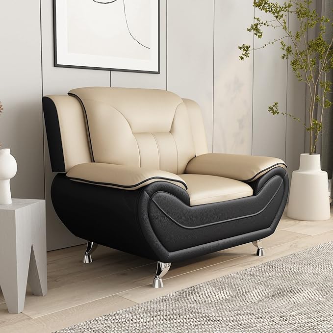 Container Furniture Direct Michael Modern Faux Leather Upholstered Stainless Steel Legs Living Room, Chair, Black Camel