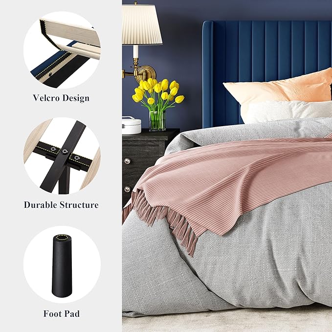 Allewie Full Size Velvet Bed Frame/Vertical Channel Tufted Wingback Headboard/Upholstered Platform Bed/Strong Wooden Slats/No Box Spring Needed/Easy Assembly/Blue