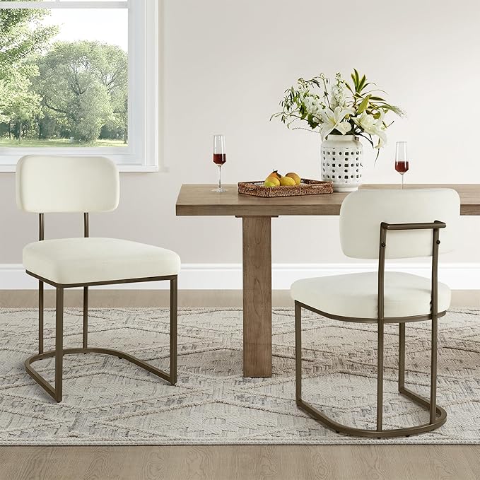Dining Chairs Set of 4, Upholstered Modern Kitchen Chairs with Ergonomic Backrest, Fabric Cushion Seat & Metal Legs for Living Room, Restaurant, and Café, Ivory, 2Boxs