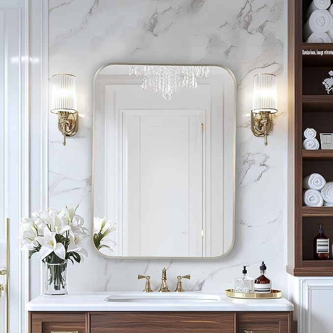 MZON 24x36Inch Brushed Nickel Bathroom Mirror, Rectangle Wall Mounted Mirror for Bathroom or Living Room, Anti-Rust Frame & Tempered Glass, Horizontal/Vertical Mount - Timeless&Elegance Wall Decor