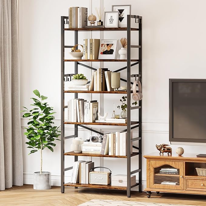 6 Tier Bookshelf, Industrial Bookcase with 8 Hooks, Vintage Storage Rack with Open Shelves, Rustic Standing Bookshelves Metal Frame Display Rack for Living Room, Bedroom, Rustic Brown