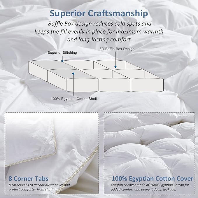 Luxurious Goose Down Feather Fiber Comforter Duvet Insert, Exquisite Pinch Pleat Design, Oversize California King/Cal King White 108 x 98, 100% Egyptian Cotton, 75 oz. Fill Weight, White