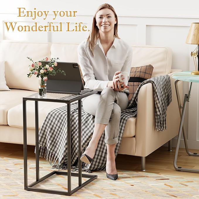 C Shaped End Table, Glass Couch Side Tables for Living Room, Small Modern Sofa Table with Metal Frame, TV Tray Table for Bedroom, Office, Small Space, Black