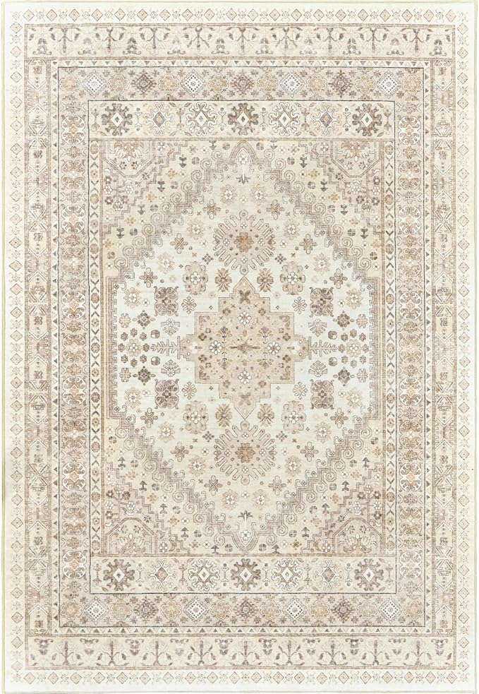zesthome 7x9 Area Rug, Super Soft Washable Rugs for Living Room, Non-Slip Stain Resistant Vintage Rugs, Ultra-Thin Large Area Rugs (Cream/Beige,7'x9')
