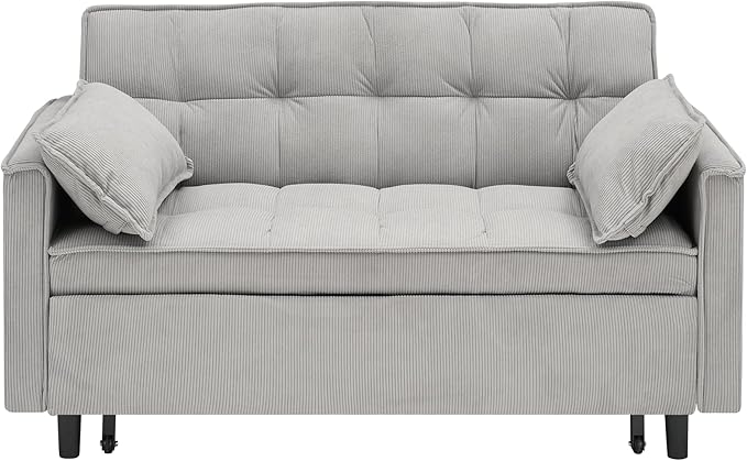 Ball & Cast Convertible Sofa Bed,Pull Out Loveseat Sleeper Sofa,Convertible Pull Out Couch W/2 Pillows,Adjustable Backrest & Side Pocket,Corduroy Futon Couches for Living Room,Apartment,Light Gray,54"