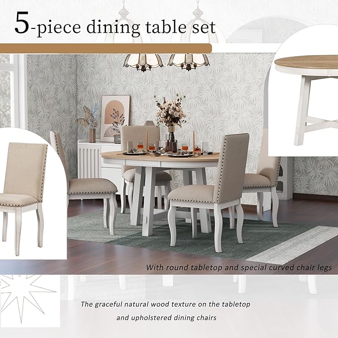Merax 5-Piece Farmhouse Dining Furniture Set, Wooden Round Extendable Table, and 4 Upholstered Chairs, Antique White