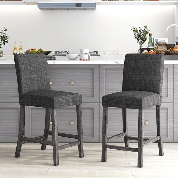COSTWAY Upholstered Counter Height Stools Set of 2, Bar Stools w/Ergonomic Backrest, Solid Wood Frame, 24.5” Fabric Counter Height Chairs for Kitchen Island, Dining Room, Pub (Grey)