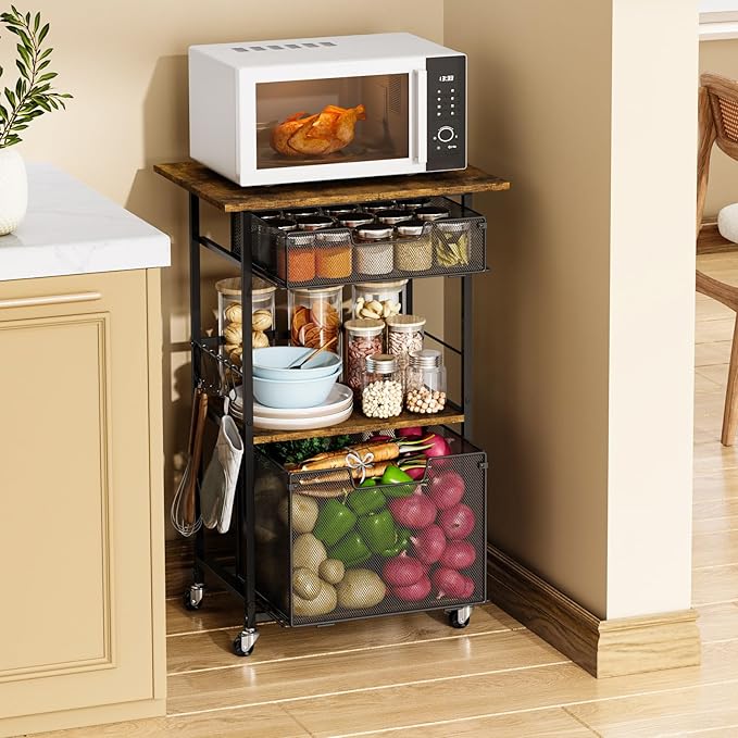 Microwave Stand with Drawers & Hooks,3-Tier Rolling Kitchen Cart for Small Spaces, Multifunctional Storage Organizer with Lockable Wheels Rustproof(Black +Vintage, 20.8 * 15.7 * 32.6inch)