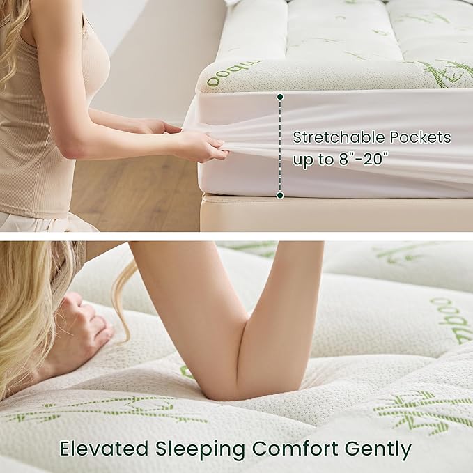 Love's cabin Queen Mattress Topper, Rayon Derived from Bamboo, 900 GSM Breathable Mattress Topper Pad, Thick Pillow Top Mattress Pad with Stretches up 8"-20" Deep Pocket(60"x80"), Green