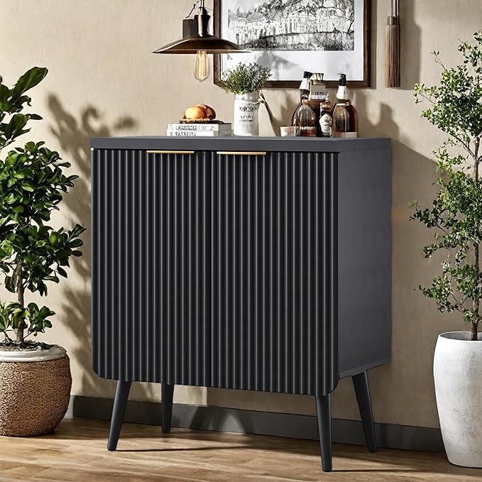 Buffet Cabinet, Sideboard Fluted Cabinet Modern Kitchen Buffet Storage Cabinets with Doors and Shelves, Wood Farmhouse Coffee Bar Station for Entryway & Dining Room & Living Room, Black
