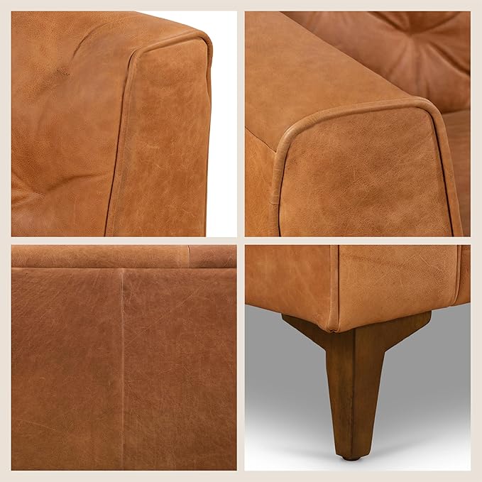 POLY & BARK 74” Essex Apartment Leather Couch - Apartment Sofa with Tufted Back - Full-Grain Leather Sofa for Living Room with Feather-Down Topper - Vintage Italian Leather in Cognac Tan