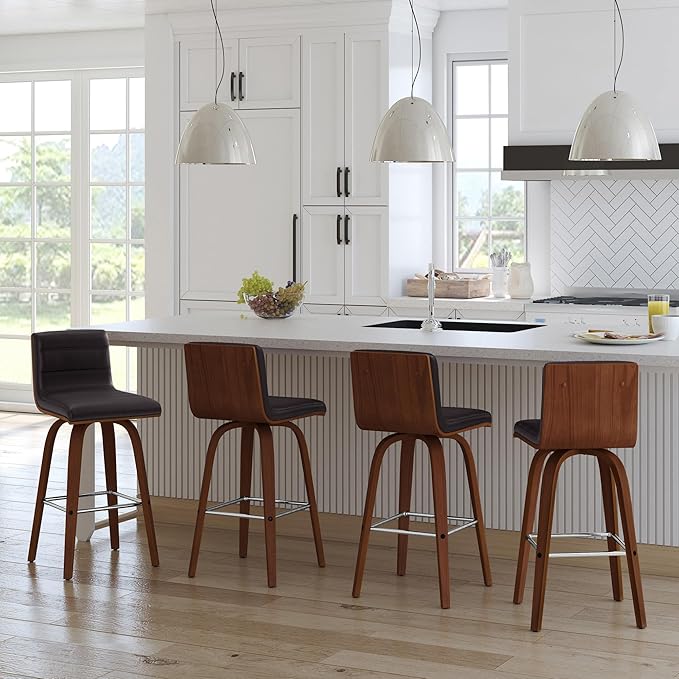 Armen Living Vienna 26" Swivel Counter Stool in Walnut Wood Finish with Brown Faux Leather - Set of 4
