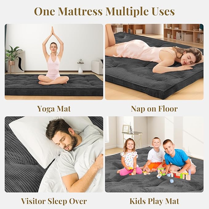 Japanese Floor Mattress, 4" Thicken Futon Mattress Twin Size Sleeping Pad, Corduroy Foldable Mattress Pad Roll Up Tatami Mat Floor Mattress for Adults（Grey）