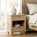 WAMPAT Rattan Nightstand Side Table with Charging Station, Light Wood End Table with 2 Drawers for Living Room, Rustic Farmhouse Night Stand Bedside Table for Bedroom, Oak
