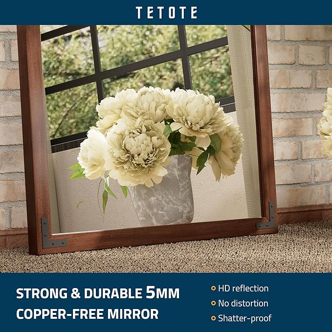 TETOTE 48 x 30 Walnut Wood Mirror for Bathroom Wall/Bedroom/Living Room/Entryway Farmhouse Rustic Wall Mirror Brown Waterproof (Horizontal/Vertical Mounted)
