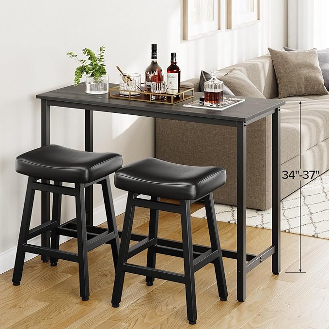 Counter Height Bar Stools Set of 3, 24 Inch Barstools for Kitchen Counter, Kitchen Stools with Bonded Leather Saddle Seats & Heavy Duty Metal Legs, Easy Assembly, Gray/Black