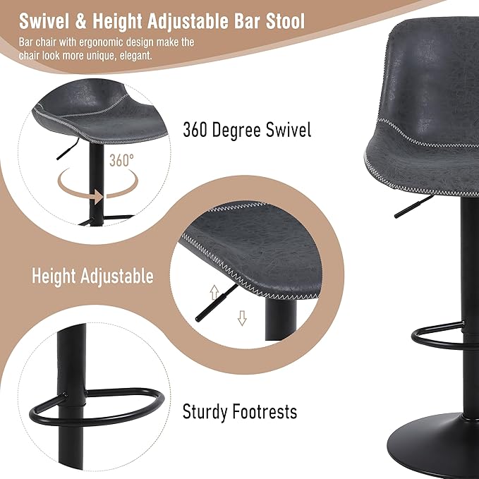 Bar Stools, Swivel Counter Height Barstools with Back, Adjustable Modern Bar Chairs, Tall Armless PU Leather Kitchen Island Stool (Black 02, Set of 3)