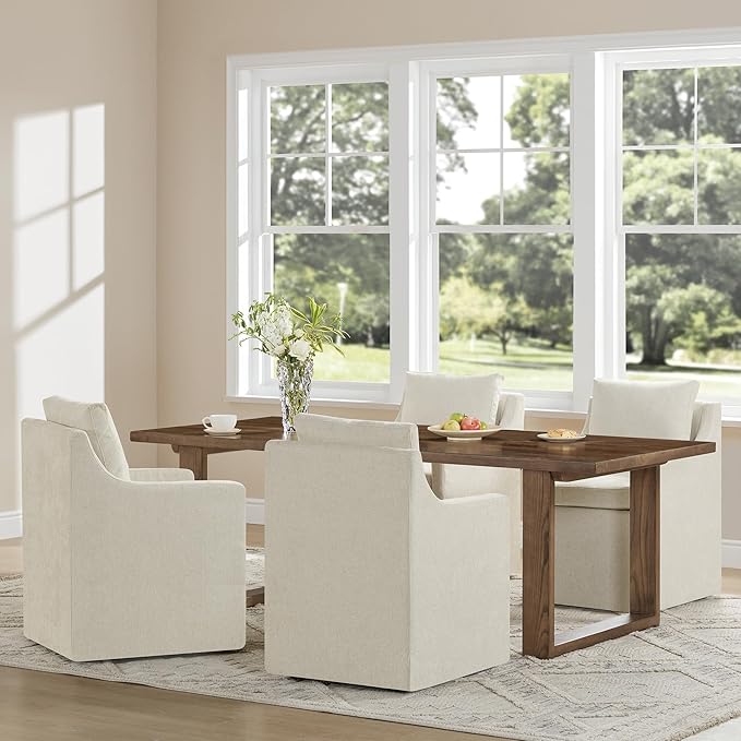 Upholstered Dining Chairs with Casters Washable Cover Side Deskchair with Rollers for Diningroom, Living Room, Cream Beige, 1 Box