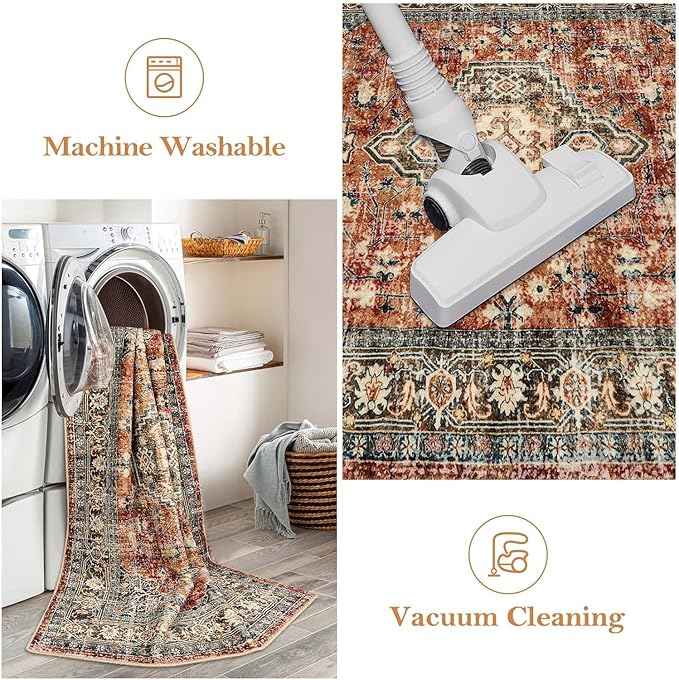 Lahome Oriental Washable Runner Rug Non Slip, 2x7 Rug Runners for Hallways Kitchen, Ultra-Thin Hallway Rugs for Laundry Room Bathroom Bedroom, Brick Red