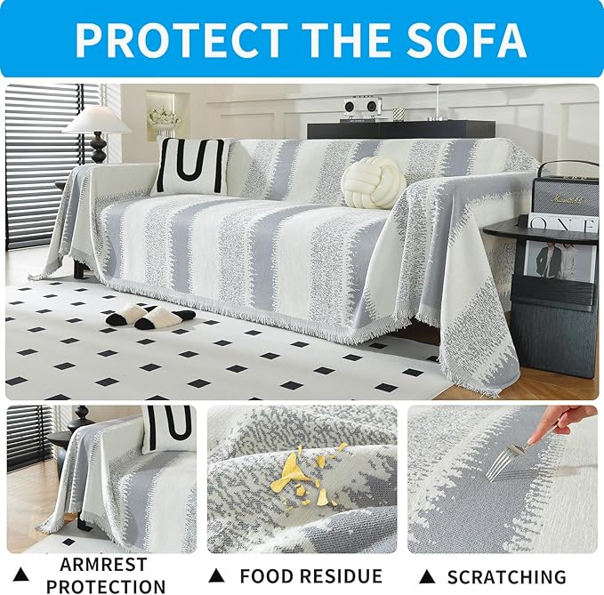 LUFEIJIASHI Boho Couch Covers for Sofa Non Slip Sofa Covers Washable Couch Covers for 3 Cushion Couch Sofa Pet Friendly Sectional Couch Cover Blanket Furniture Protector for Dogs (Grey, 71"x150")