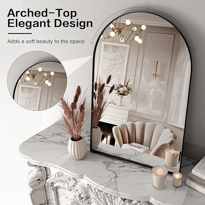 Brightify Arched Mirror, 30 x 40 Inch Black Arch Mirror, Metal Frame Black Arched Wall Mirror, Arched Top Bathroom Vanity Mirror for Living Room Bedroom Mantel Entryway Hallways