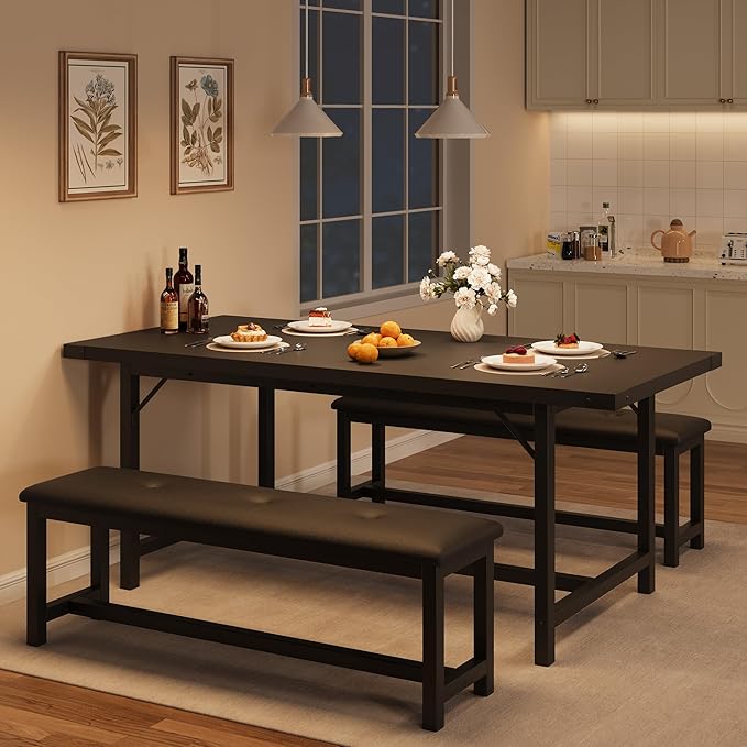Dining Table Set for 4-6, 63“ Large Extendable Kitchen Table Set, Wood Rectangle Kitchen Table with 2 Soft Benches for Small Space, Apartment, Dinner,Black