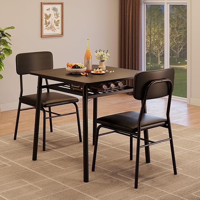 IDEALHOUSE 3-Piece Dining Table Set for 2 with Storage Rack, Wood Kitchen Table with Upholstered Chairs Set of 2, Small Square Table Set with Metal Legs Support, for Dining Room, Living Room