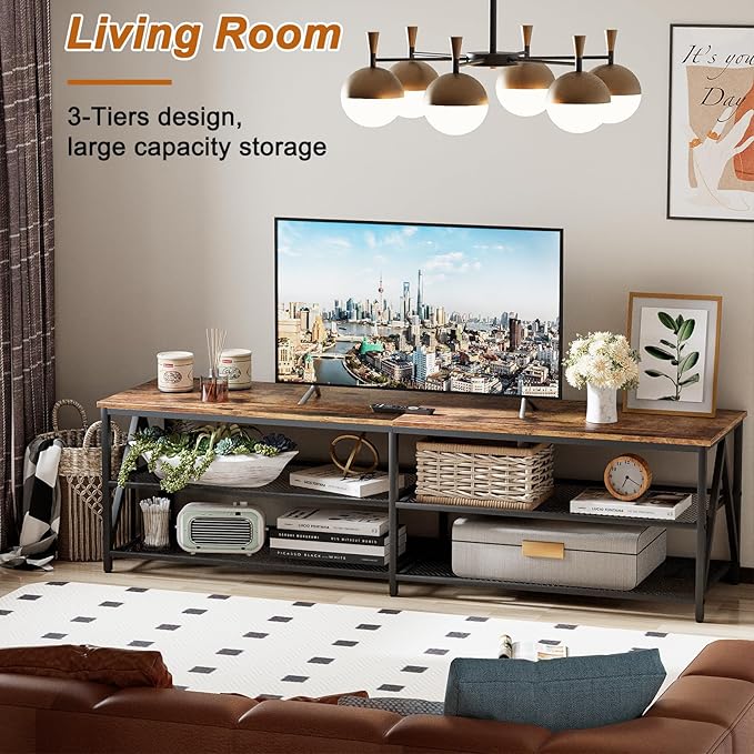 TV Stand for TVs up to 75 Inch, 70" Long Industrial TV Console Table with 3-Tier Storage Shelves, Entertainment Center for Living Room, Bedroom (Rustic Brown)