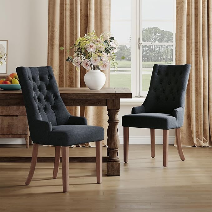 COLAMY Wingback Upholstered Side Dining Room Chairs Set of 6, Fabric Dining Chairs with Tufted Button, Living Room Chairs for Home Kitchen, Black