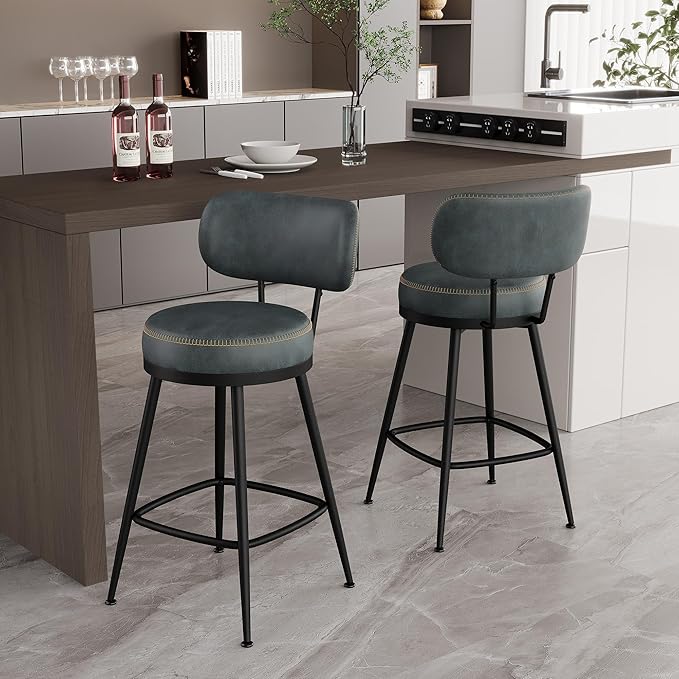 Counter Height Bar Stools, 26" H Swivel Barstools Set of 6, Faux Leather Kitchen Counter Stools with Back and Stylish Stitching, Metal Frame, Pub, Home Bar, Balck Green