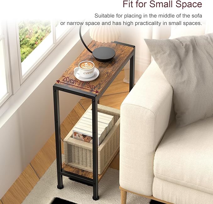 Narrow Side Table for Small Space, 2-Tier Small End Table with Shelf Holder, Slim Nightstand, Skinny Snack Couch Table in Living Room, Bedroom, Study, Kitchen and Balcony (Rustic Brown)