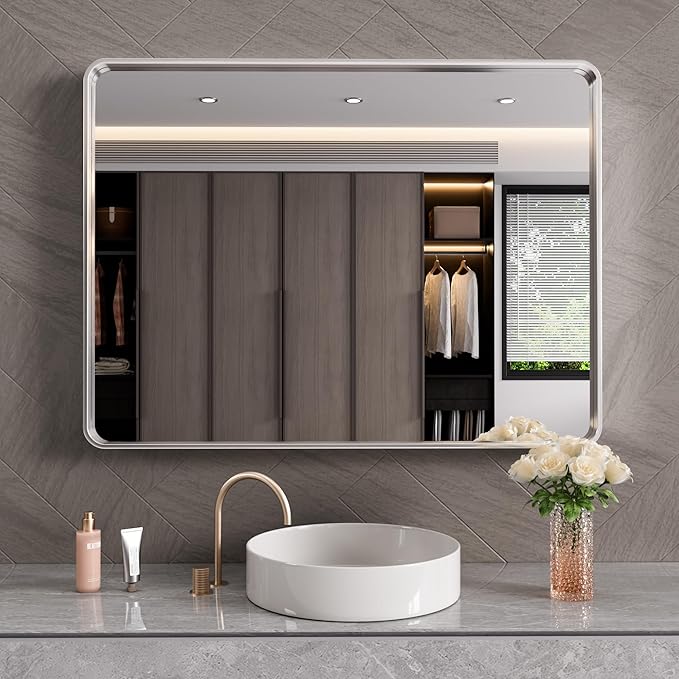 Brushed Nickel Bathroom Mirror 40x32 Inch, Brushed Silver Metal Frame Mirror Wall Mounted, Rounded Rectangle Bathroom Vanity Mirror, Tempered Glass, Anti-Rust, Horizontal/Vertical