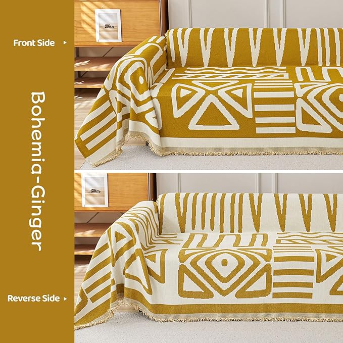 STACYPIK Mustard Yellow Boho Sofa Cover Couch Cover Reversible Jacquard Furniture Protector for 3 Cushion Couch L Shaped Sofa Slipcover Non-Silp Sofa Cushion Covers for Sectional with Tassels-91X134IN