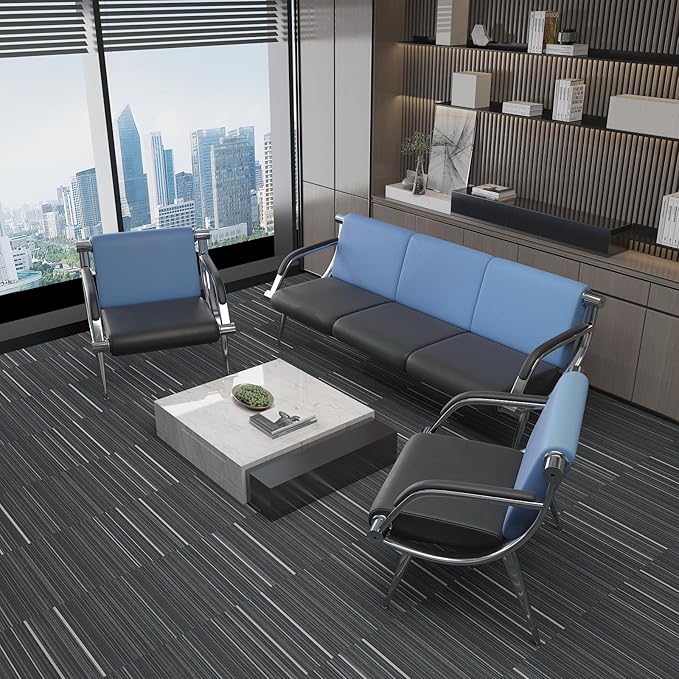 wonline Waiting Room Chair with Armrest PU Leather Office Furniture, Office Guest Seating Lobby Conference Reception Chairs for Airport Clinic Hospital Bank Salon Barber(Blue&Black)