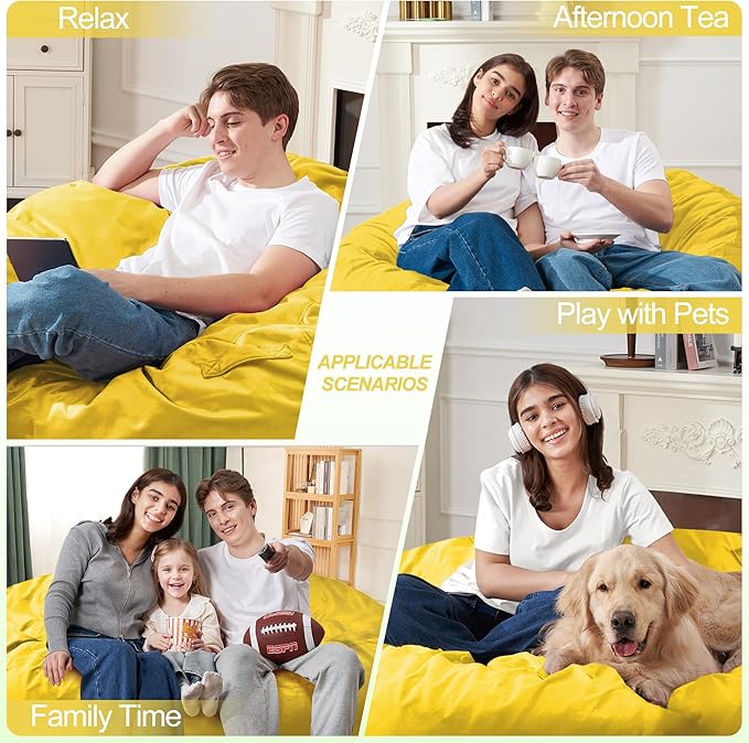 Homguava 5 FT Bean Bag Chair: 5' Bean Bags with Memory Foam Filled, Large Beanbag Chairs Soft Sofa with Dutch Velvet Cover-Mustard