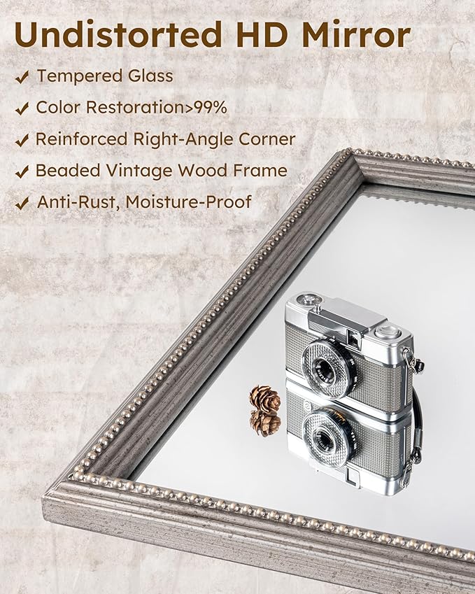 Axeman 22x30 Wood Wall Mirror, Rustic Bathroom Mirror, Vintage Wall Mounted Mirror Tempered Glass with Beaded Wooden Frame for Farmhouse Living Room Vanity Bedroom Entryway, Grey