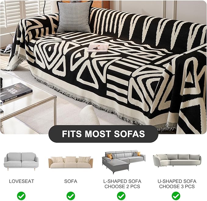 STACYPIK Reversible Boho Couch Cover Ivory Black Futon Armchair Slipcovecrs Anti-Slip Sofa Cover for Dogs Cats Geometric Triangle Couch Cover Versatile Furniture Protector for 2 Cushion Couch-71X90IN