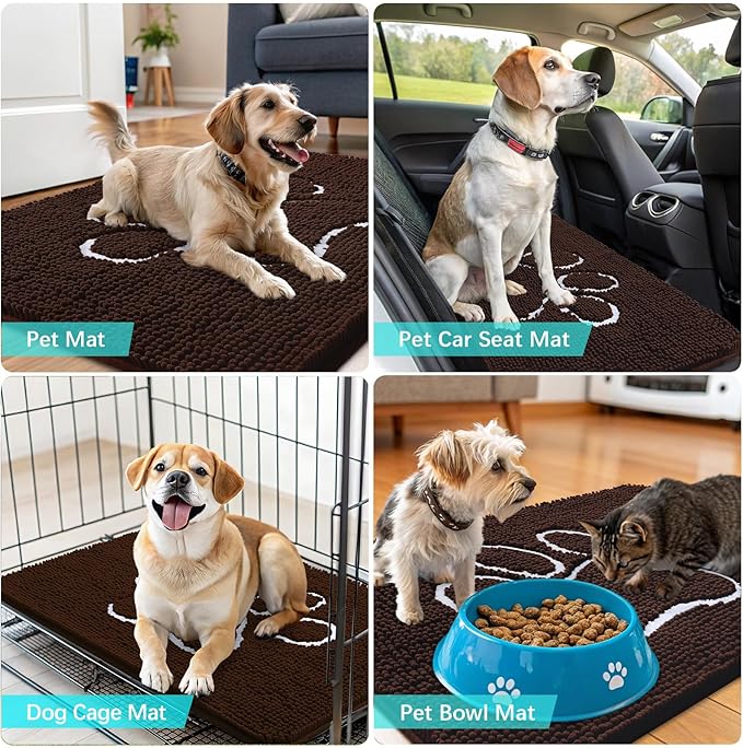 OLANLY Door Mat for Muddy Dog Paws 47x32, Ultra Absorbent Chenille Mud Doormat with Paw Print Design, Non-Slip Washable Doormat for Indoor Entryway, Quick-Dry Pet Bed Mats for Dirty Dogs, Brown