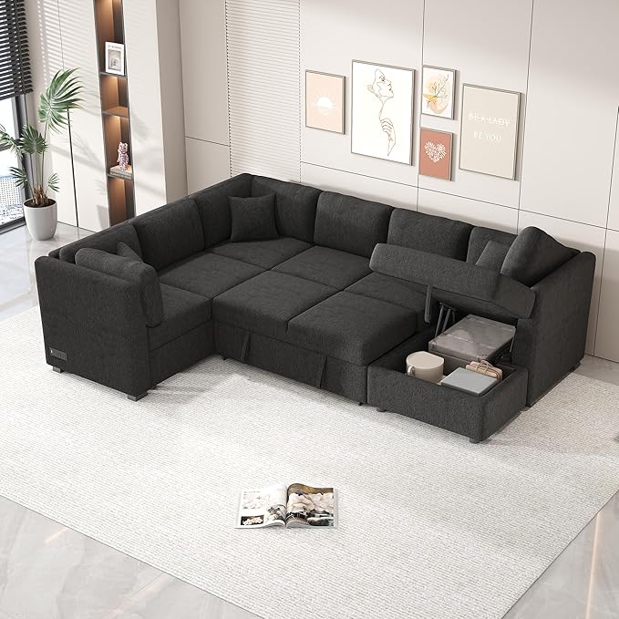 Ball & Cast 108.6" Sleeper Sectional Pull Out Sofa with 2 USB Ports,Two Power Sockets,Versatile U-Shape Couch w/ 3 Back Pillows and Storage Chaise,for Living Room,Office,Apartment,Black