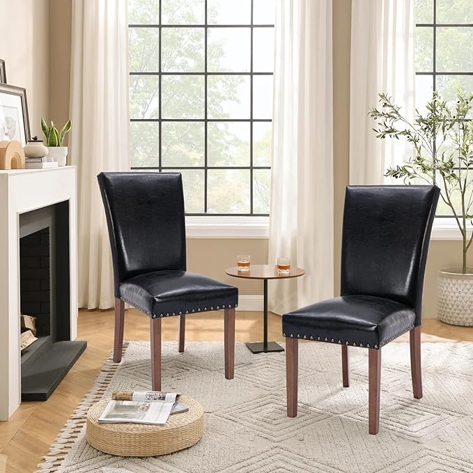 Parsons Dining Chairs Set of 2, Upholstered Nailhead PU Leather Dining Room Kitchen Side Chair with Thick Cushions and Wood Legs, Black