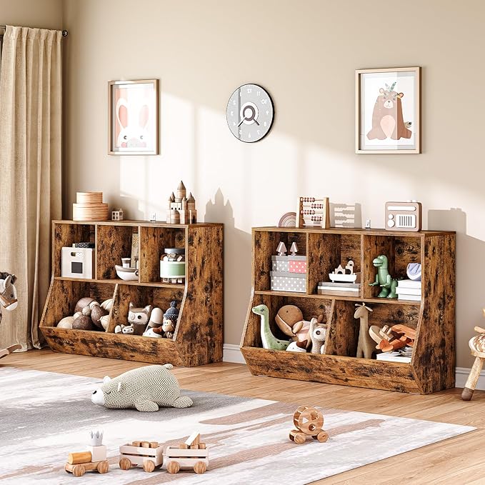 HOOBRO Kids Bookshelf, Bookcase Footboard, Toy Storage Cubby, 35.4" L Children's Toy Shelf, Toy Storage Cabinet, Fit for Children's Room, Playroom, Hallway, Kindergarten, Rustic Brown BF32CW01