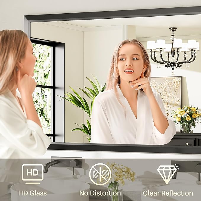 72x36 Inch Black Bathroom Mirror for Wall, Thick Metal Framed Rectangle Mirrors for Over Sink, Bedroom, Living Room, Entryway, Anti-Rust, HD Tempered Glass