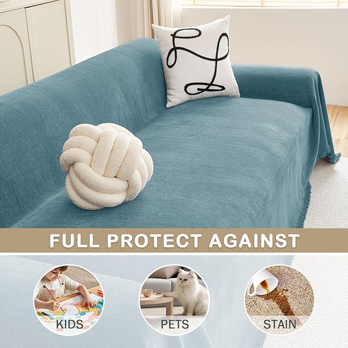 hyha Couch Cover for Dogs, Boho Sofa Covers for 3 Cushion Couch Washable, Chenille Sofa Slipcover for Pets, Soft Loveseat Sectional Couch Throw Blankets with Tassels (Blue, 88.5x134 Inch)