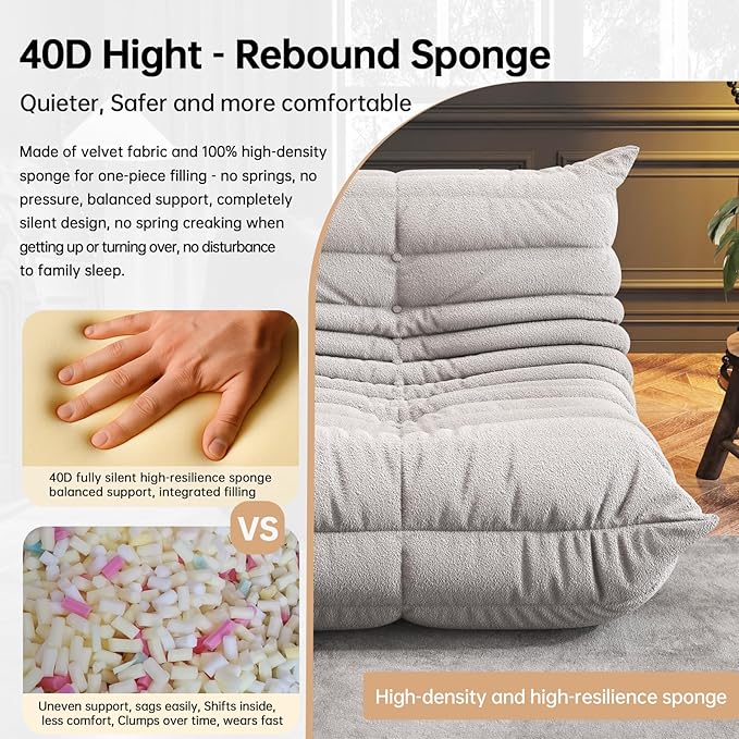 Bean Bag Chairs for Adults, BeanBag Reading Chair Memory Foam Couch 3-Seater, Floor Chair Soft Teddy Material, Comfy Reading Nook Chairs for Bedroom Living Room Office (Grey)