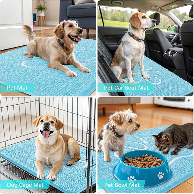 OLANLY Door Mat for Muddy Dog Paws 59x35, Ultra Absorbent Chenille Mud Doormat with Paw Print Design, Non-Slip Washable Doormat for Indoor Entryway, Quick-Dry Pet Bed Mats for Dirty Dogs, Blue