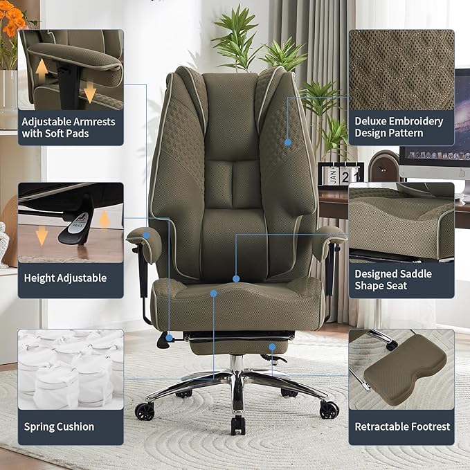 Big and Tall Office Chair 400lbs Wide Seat, Leather High Back Executive Office Chair with Foot Rest, Ergonomic Chairs Lumbar Support for Lower Back Pain Relief (Mesh Light Green)